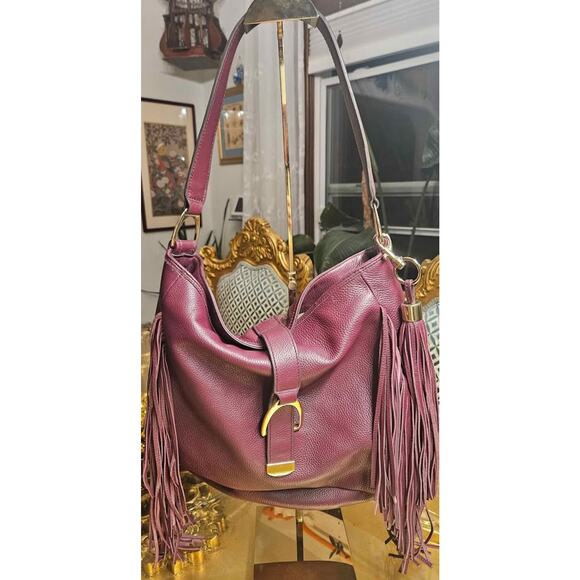 Gill Saddle Brown Pebbled Leather Shoulder Bag with Dramatic Fringe - Picture 1 of 9